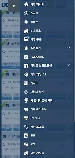 1xbet 모바일 웹사이트에서 더 많은 옵션